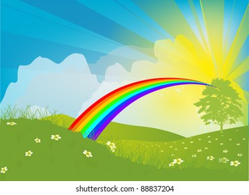 illustration with sun, rainbow and flowers