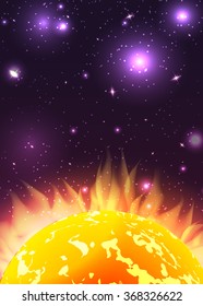 Illustration of the sun with rays in space with stars. Vector background for your creativity