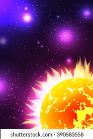 Illustration of the sun with rays in space with stars. Vector background for your creativity