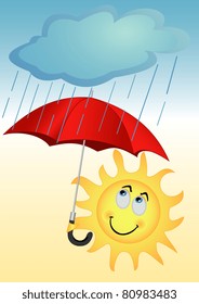 Illustration of the sun with a red umbrella under a rain