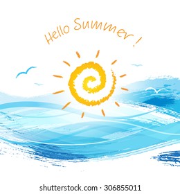 illustration of sun setting behind splashing water wave