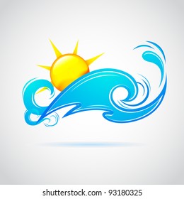 illustration of sun setting behind splashing water wave