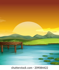 Illustration sun setting over water