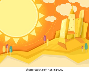 Illustration of the Sun Shining Brightly Over a City Filled With Giant Buildings