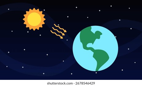 Illustration der Sonne, die ihre Strahlen auf der Erde leuchtet, mit einem Hintergrund von Raumsternen. Vektor für Bildung, Wissenschaft und Technologie.