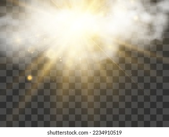 Ilustración del sol brillando a través de las nubes. Luz solar. Vector nublado.	
