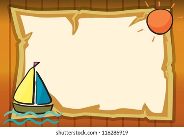 illustration of a sun, a ship and paper sheet in yellow background