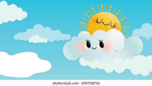 Illustration von Sonnenschlafen auf Wolke auf türkisem Hintergrund. Natur- und Wetterkonzept digital generiert.