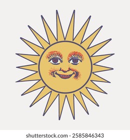 Illustration of a sun with a smiling face, featuring bold rays and a vintage style. The sun's face is expressive, with a classic, cheerful design. Vintage art illustration, vector.