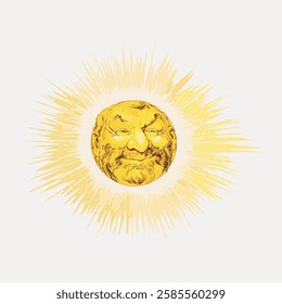 Illustration of a sun with a smiling face. The sun's face is detailed with a joyful expression. Radiant sun with a beaming smile and bright rays. Vintage art illustration, vector.