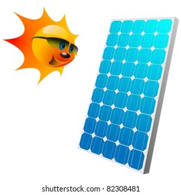 Illustration of the sun and solar panels. Vector.