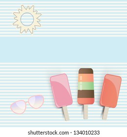Illustration of sun, sunglasses and three popsicles on striped blue background