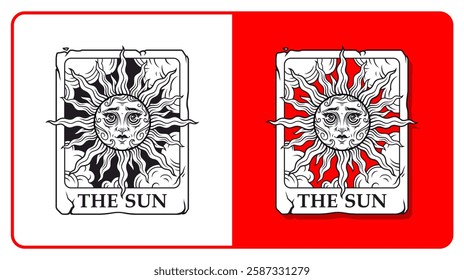 Illustration of the sun tarot card major arcana vector linear image, stylistic minimalism, spiritualism, magic, fortune telling, mysticism, prediction, cards. The sun with a face on a red background