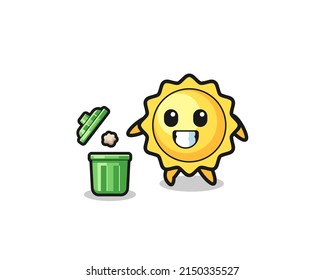 illustration of the sun throwing garbage in the trash can , cute design