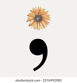 Illustration of a sunflower above a semicolon. Sunflower art with a semicolon symbol. Simple design featuring a sunflower and semicolon together. Vintage illustration isolated on white, vector.