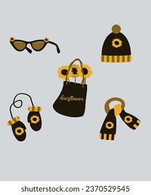 Illustration of Sunflower Accessories with Sunglasses, Hat, Scarf, Mittens,Bag