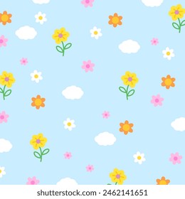 Illustration of sunflower, cloud, flowers on pastel blue background for floral print, pattern, kid clothes, gift wrap, packaging, fabric, wallpaper, backdrop, women textile, garment, blanket, picnic	