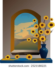 Illustration of sunflower decoration in a blue pot on the window sill, beautiful view window