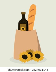 Illustration with Sunflower Oil, Baguette Bread at Paper Bag