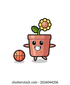 Illustration of sunflower pot cartoon is playing basketball , cute style design for t shirt, sticker, logo element