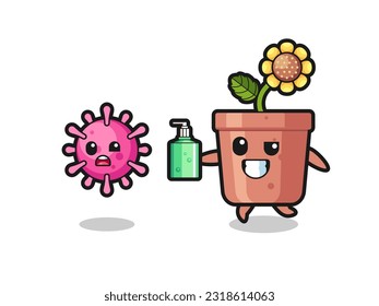 ilustración del personaje de la olla de girasol persiguiendo el virus del mal con el sanitizador de manos , diseño de estilo lindo para camiseta, pegatina, elemento logo