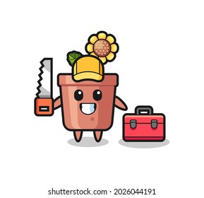 Illustration of sunflower pot character as a woodworker , cute style design for t shirt, sticker, logo element