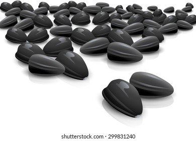 illustration of a lot of sunflower seeds on white background with reflection