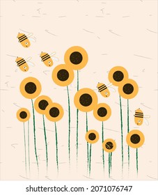 illustration sunflowers and bee .vector.