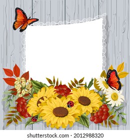 Illustration with sunflowers and berries.Sunflowers, berries, butterflies and frame in color vector illustration.