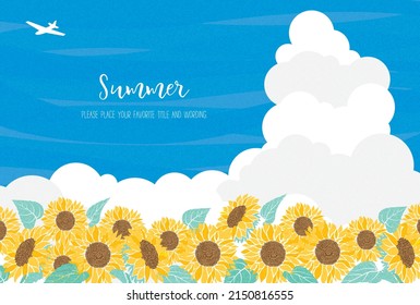 Ilustración de girasoles, nubes cumulonimbus y aviones que te hacen sentir verano