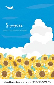 Illustration of sunflowers, cumulonimbus clouds and airplanes that make you feel summer