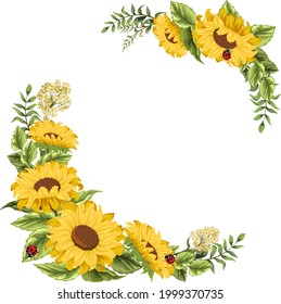 Ilustración con decoración de girasoles.Marco decorativo de girasoles sobre fondo blanco en ilustración vectorial.