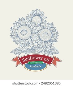 Illustration with sunflowers, in the engraving style, in the form of a layout for of a label or for packaging sunflower oil. Vector illustration.