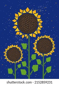 Illustration of the sunflowers on the night sky background