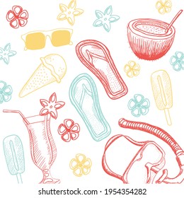 Illustration of sunglasses, flip flops, flowers and cocktails on white background. colour, leisure, holiday and nature concept digitally generated image.