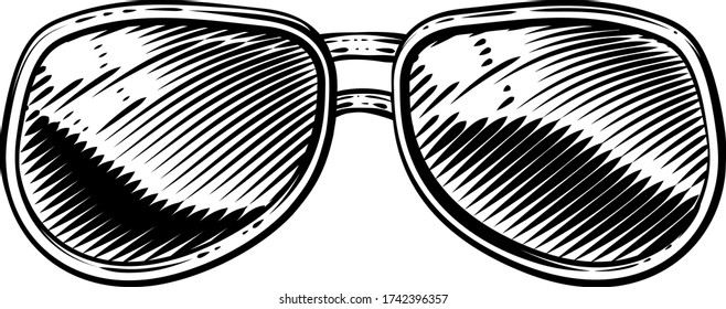 An illustration of a sunglasses icon in vintage retro woodcut style