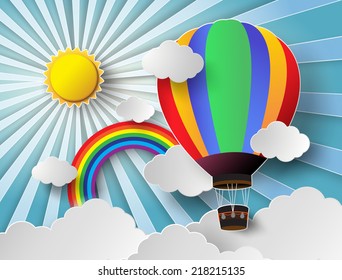 illustration  of sunlight on cloud with hot air balloon. paper art style.