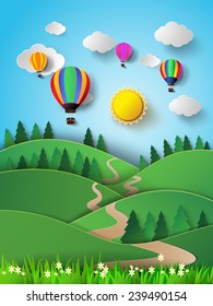 illustration of sunlight on cloud with hot air balloon.paper art style.