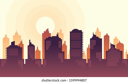 A illustration of sunlight in the town vector background with orange and purple colour