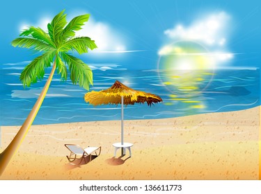 Illustration of sunny beach with palm and deck chair