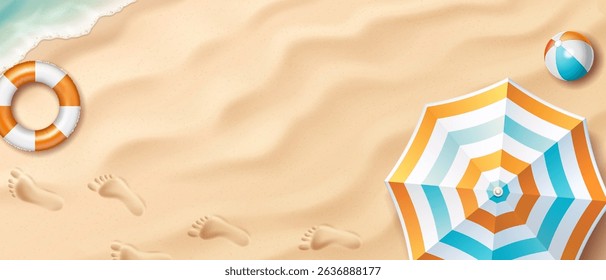 Illustration of a sunny beach with a striped umbrella, sandy footprints, and a lifebuoy. Vibrant blue and orange colors. Represents relaxation and summer fun.