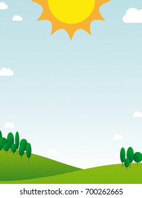 Illustration of sunny day with blue sky, nice green meadow or pasture with enough copyspace, portrait crop