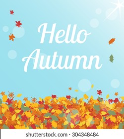 Illustration of sunny day with hello autumn text on the blue sky