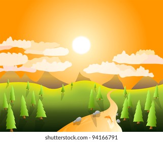 illustration of a sunny mountain landscape with spruce trees and a river where a fish swims