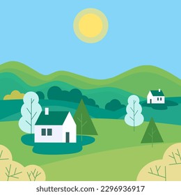 illustration of sunny rural landscape with small houses on a hill and blue sky for poster design and children's book