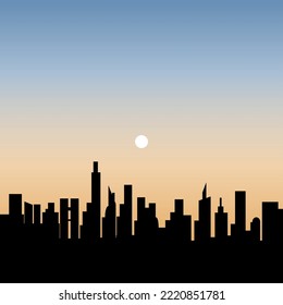 Illustration Of Sunrise In Big City With Skyscrapers.