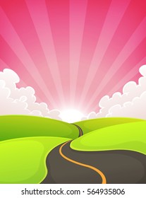 Illustration of a sunrise cartoon landscape, with road snaking inside green fields and a pink sky with sunbeams