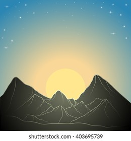Illustration of sunrise in the mountains. Vector illustration