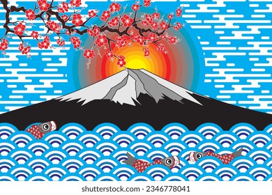 Illustration of the sunrise on black fuji mountain and cherry blossoms flower with wave and fish.