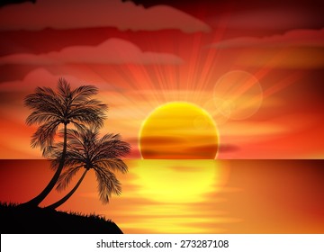 Illustration of sunrise on sea . vector illustration